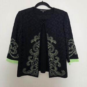 Ming Wang Black and Green Embroidered Open Cardigan Jacket XS